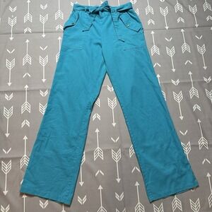 New Look Linen Blend Pants Sz M Wide Leg Trousers Beach Resortwear‎ Belted Aqua